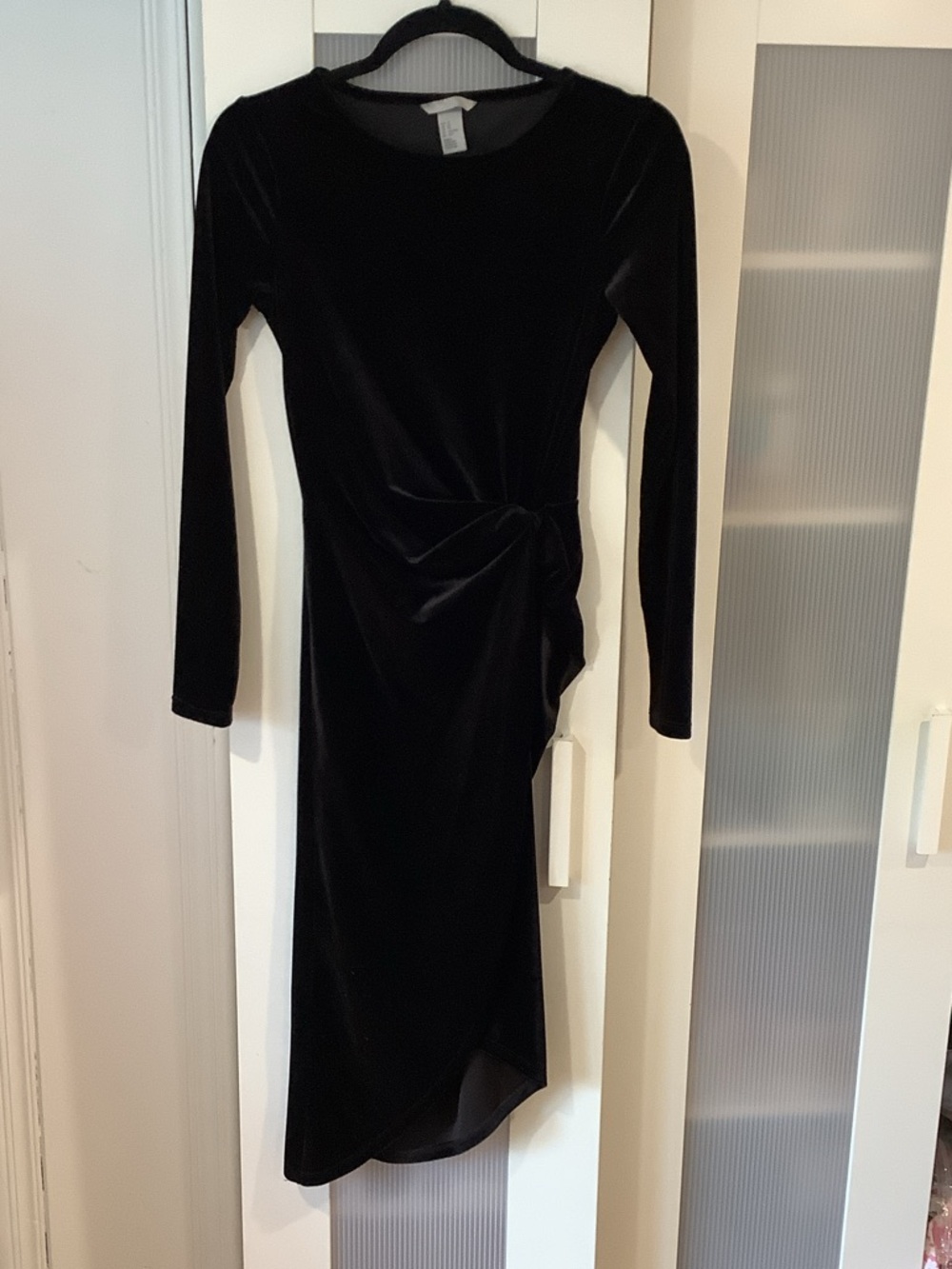 H&M Black Velvet Long-Sleeve Wrap-Accent Midi Dress